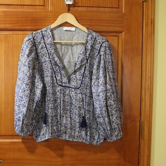 Lucky Brand Blue Floral Boho Peasant Top NWT Large Elegant Flowing Spring Style - Picture 2 of 14